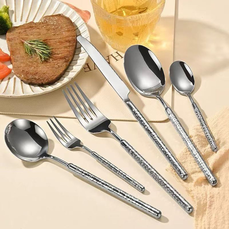 304 Stainless Steel Hammered Texture Knife, Fork, and Spoon Set for Home Use, Western-Style Steak Cutlery, Light Luxury Mirror-Polished Portable Tableware
