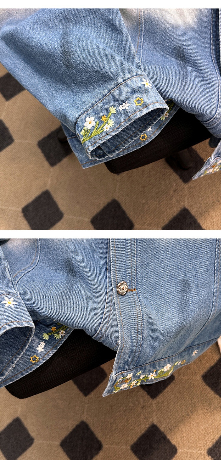 Unisex Gradient Denim Jacket With Floral Embroidery Retro Style_voghion.com