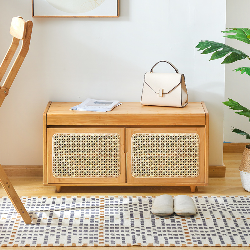 Zapato cambio taburete casa puerta puede sentarse y usar zapatos taburete Ratán tejido entrada zapato gabinete taburete integrado taburete largo ESTILO DE REGISTRO