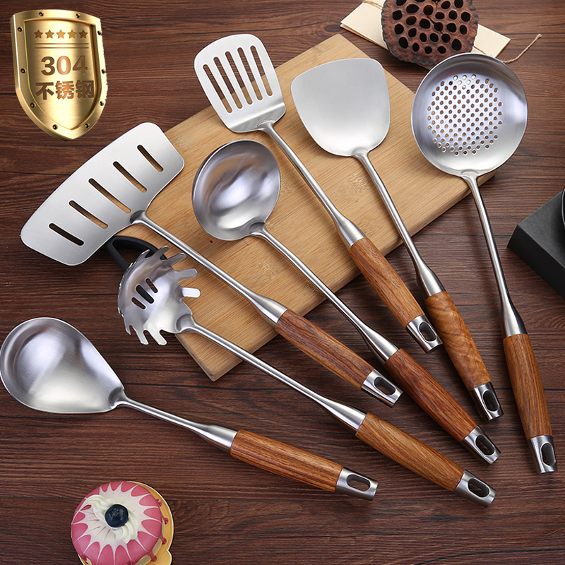 304 espátula de acero inoxidable pera flor mango de madera cocina 6 piezas cuchara de sopa espátula de fideos gran drenaje cuchara de arroz espátula de pescado
