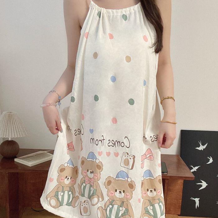 Venta al por mayor transfronteriza estilo caliente verano nuevo estilo camisón femenino nube camisón de algodón con almohadilla para el pecho ropa exterior dulce para estudiantes