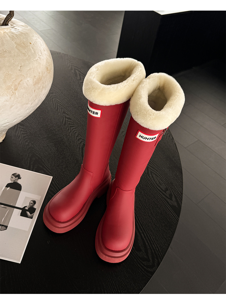 Boot nữ cổ cao ôm bắp chân lót lông cừu ấm áp đế dày da bò — màu đen chi tiết 22