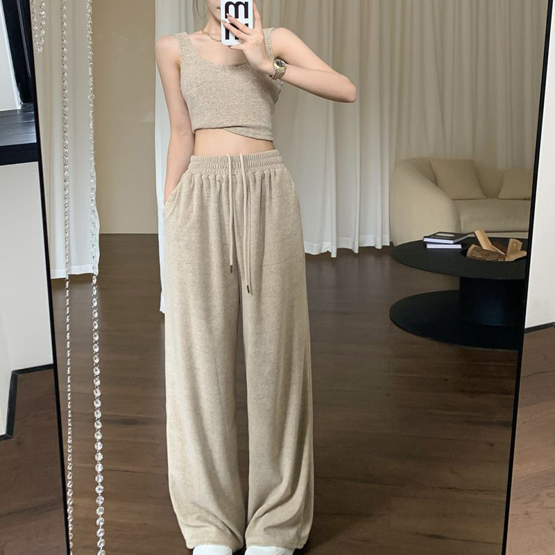 Autumn Lazy Pure Desire Short Style with Naked Navel for Slimming Tank Top, High Waist, Hanging Wide Leg Pants,_voghion.com