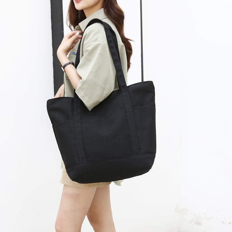 帆布包 韩系 大容量单间布包多口袋拉链包袋上课托特包潮外贸女包