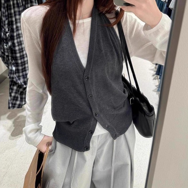 韩系叠穿挂脖背心马甲长袖针织衫系带阔腿裤女2025秋季新款套装潮|undefined