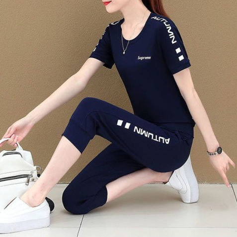Cross-Border sports suit women's 2024 new summer Korean-style short-sleeved cropped pants summer plus size casual two-piece suit