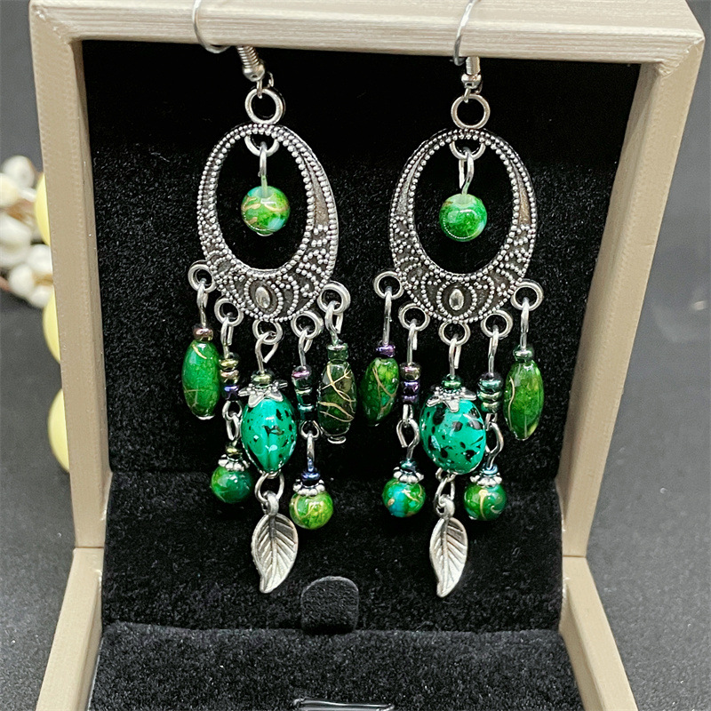 Exaggerated Ethnic Style Water Droplets Flower Alloy Beaded Tassel Inlay Rhinestones Women's Drop Earrings display picture 4