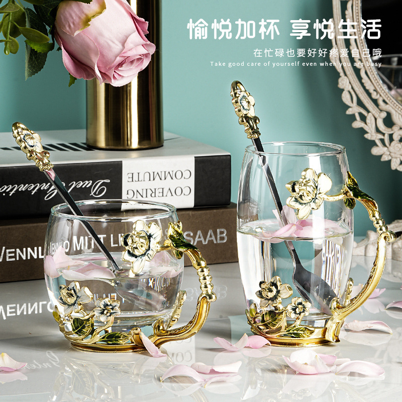 Enamel Colored Water Cup, Flower Tea Cup, Jasmine Heat-Resistant Glass Cup, Household Cup Set, Creative High-End Gift Cup