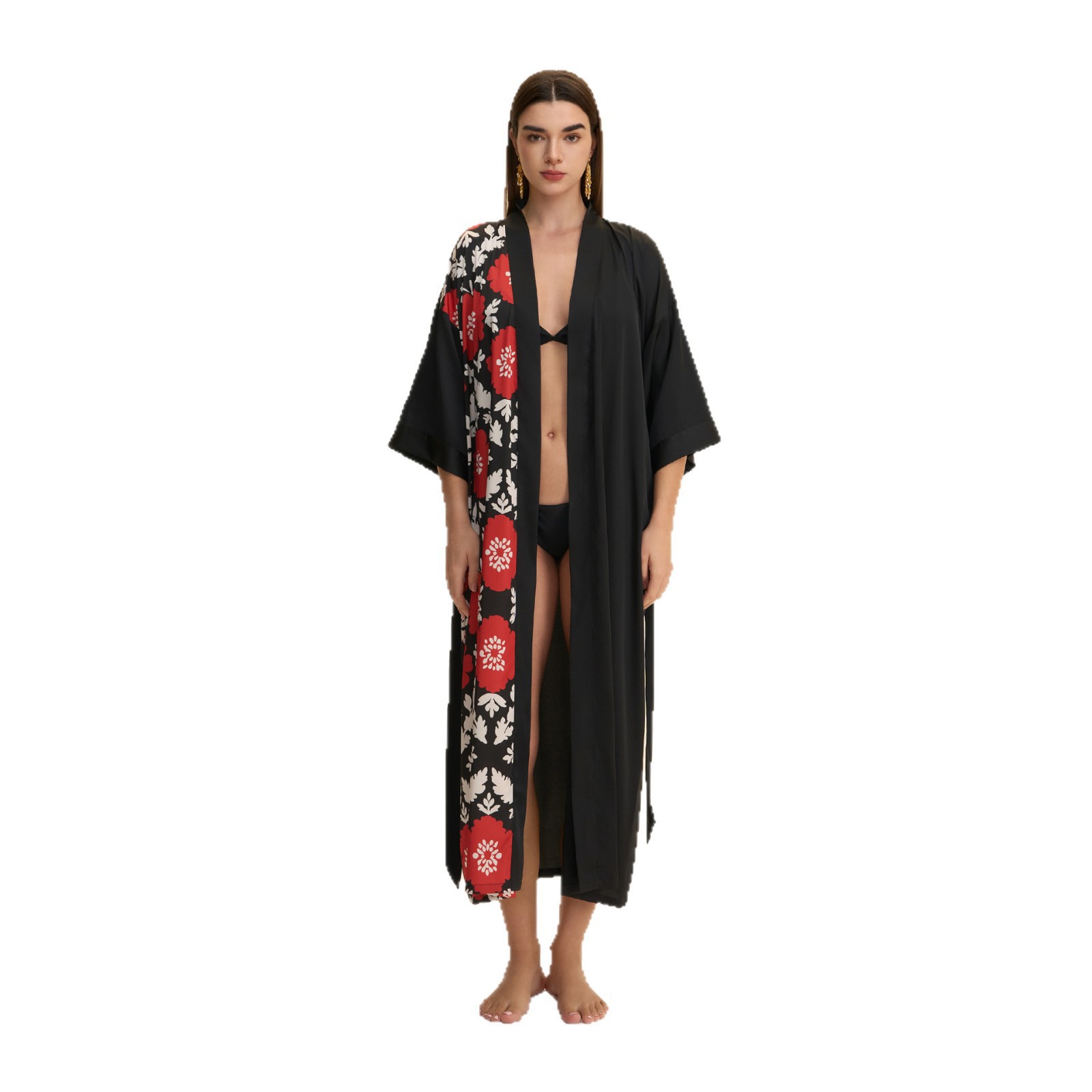 Nuevo pijama de tamaño grande transfronterizo mujer satén suave chiffon kimono cuello bata larga ropa de casa WP3975