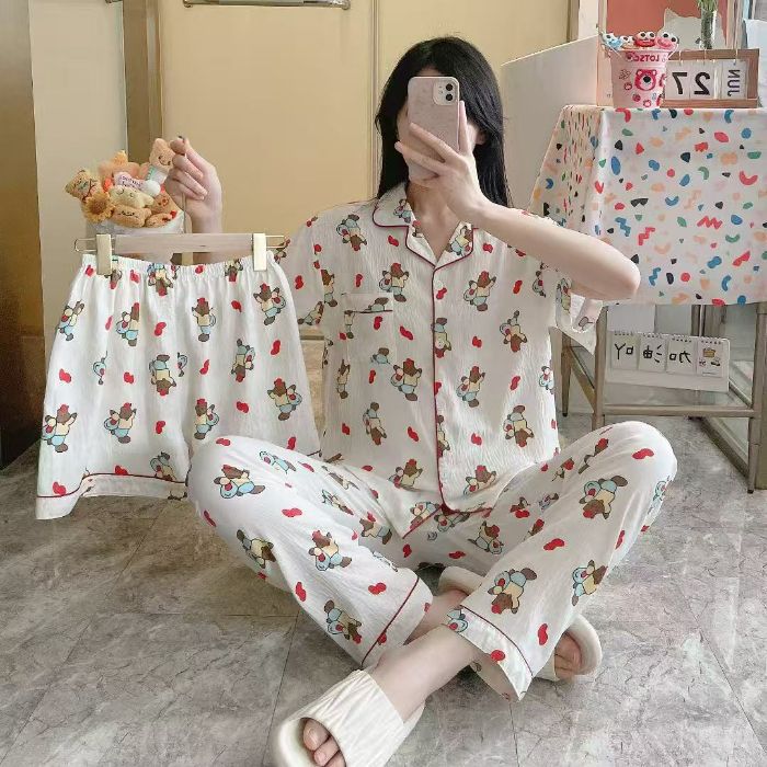 Venta al por mayor transfronteriza 120g pijamas de algodón de nube de verano de manga corta para mujer pantalones cortos de algodón de nube de verano de tres piezas servicio a domicilio de dibujos animados