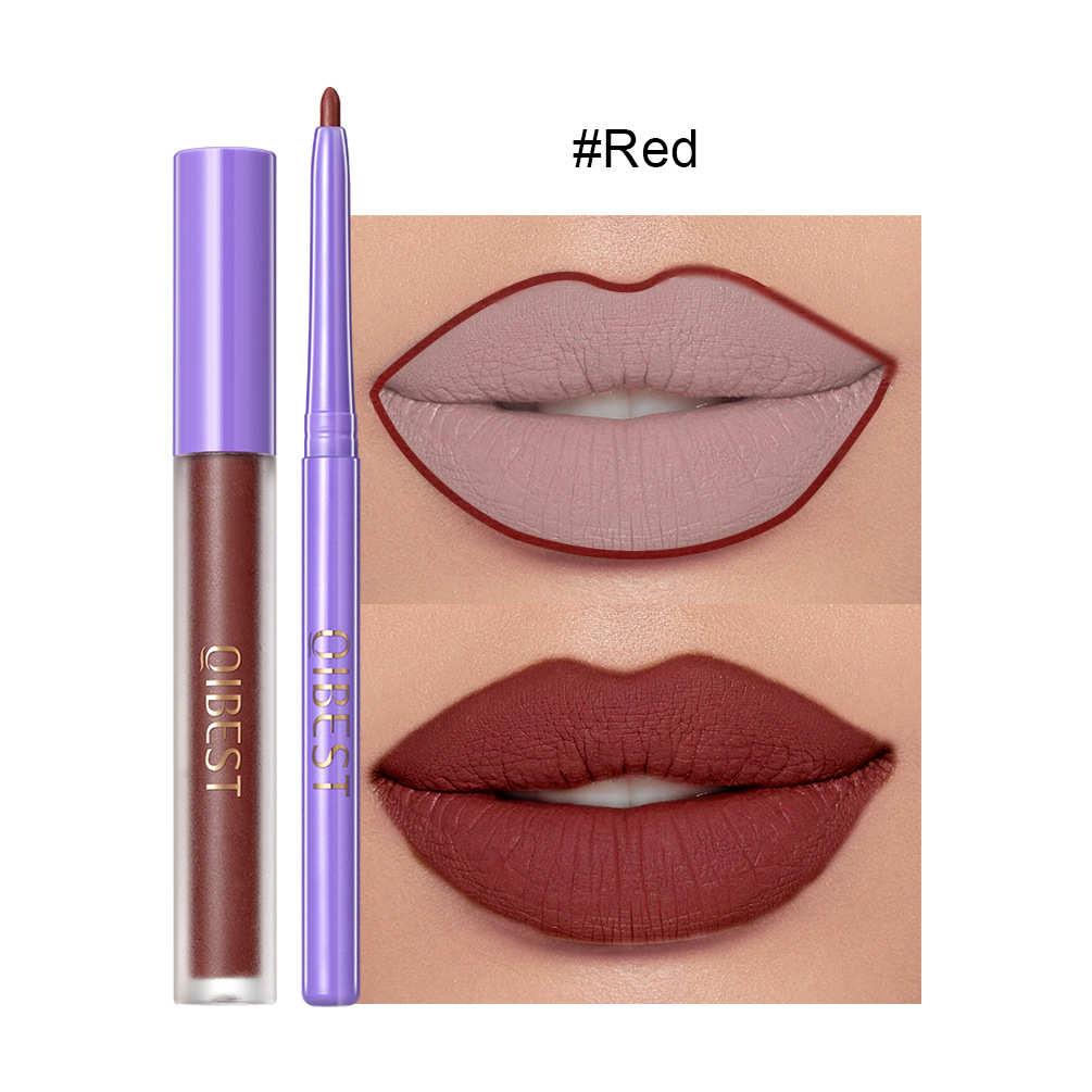 QIBEST new non-stick cup non-fading lip gloss modified lip liner suit matte long-lasting color lipstick