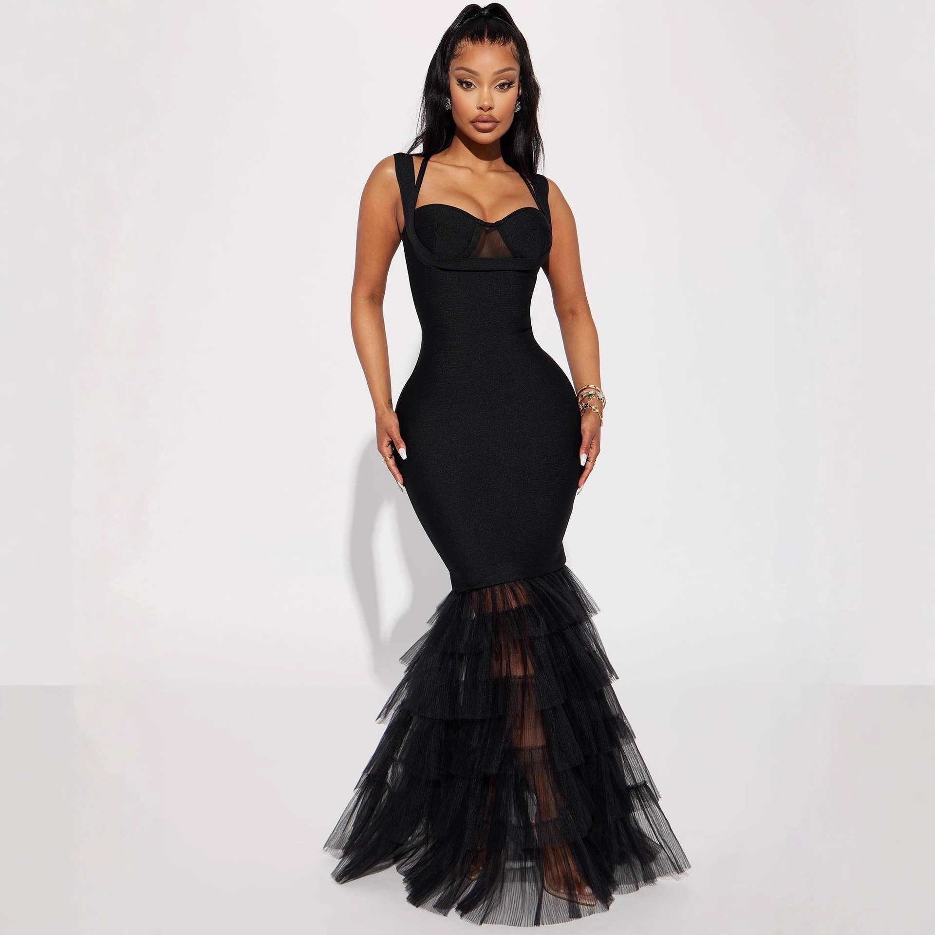 European and American Amazon Fishtail Long Skirt Cross-Border Mesh Sexy Lace Bandage Women's Fashion Evening Dress Hepburn Style