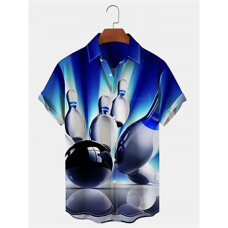 wish cross-border e-commerce 3D men's shirt, new summer fashion design with a bowling ball pattern, short-sleeved, breathable, and sun-protective wish cross-border e-commerce 3D men's shirt, new summer fashion design with a bowling ball pattern, short-sleeved, breathable, and sun-protective