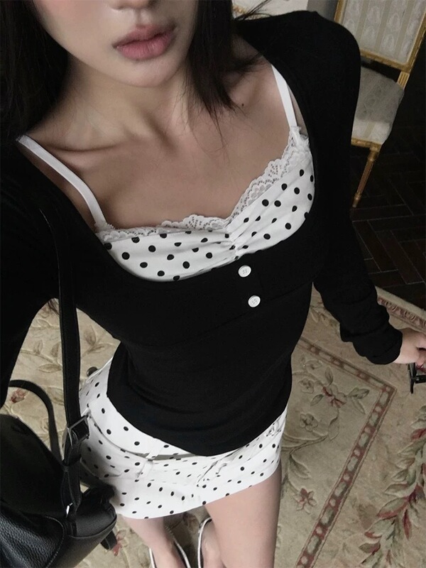 Hytemoly Wool and Tencel Blend Polka Dot Lace Patchwork Long-Sleeve T-Shirt, Stretchy Slim-Fit Top
