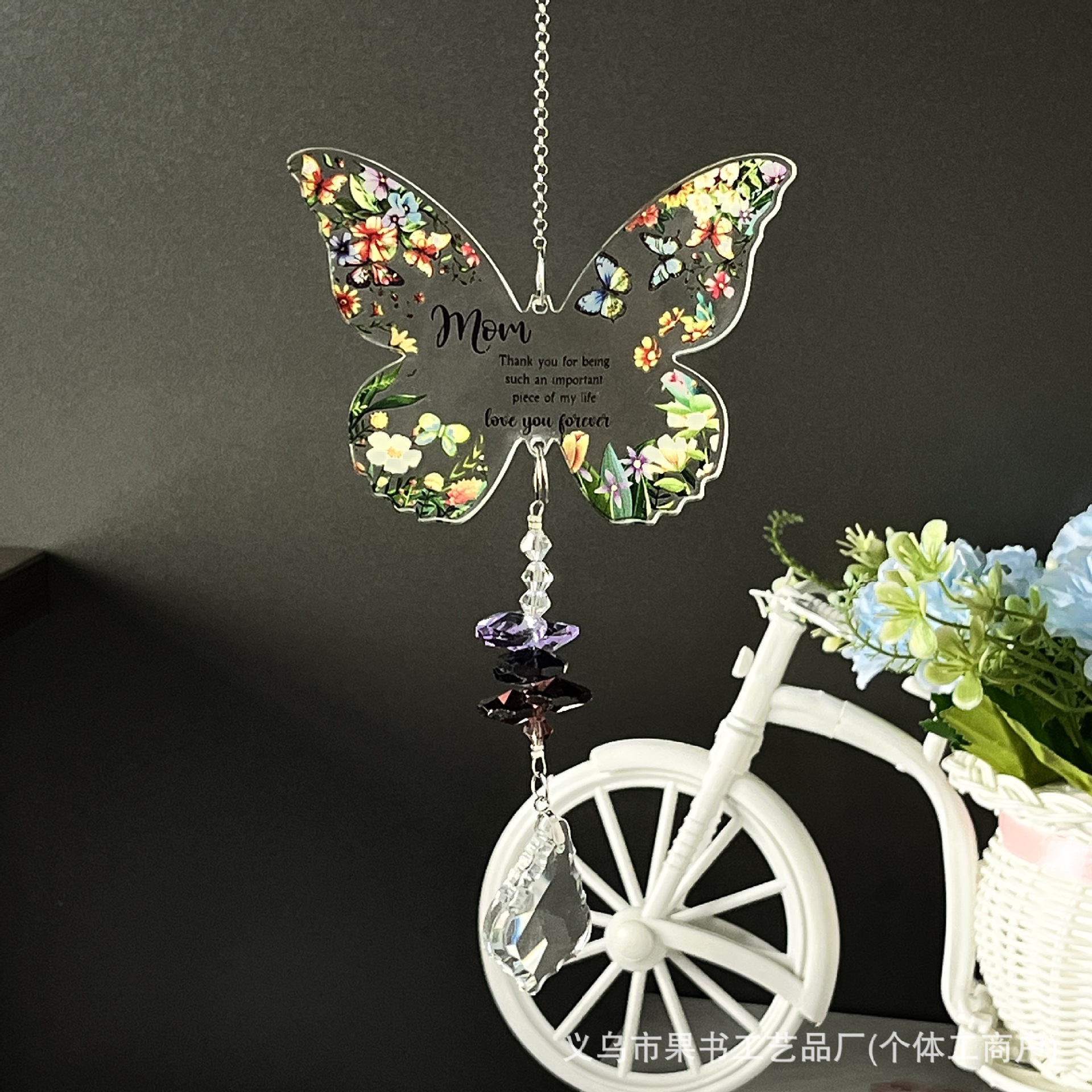 Colgante de cristal de mariposa de acrílico transfronterizo, colgante de pipa de corazón de melocotón del receptor del sol, luto y nostalgia por los animales conmemorativos