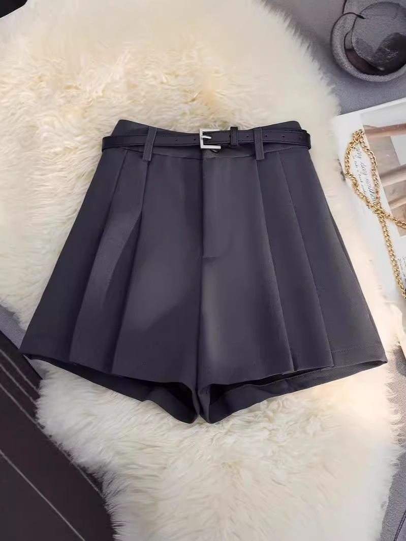 2024 New Women's Summer New Spice Girls Grey Shorts Slim A- Line Pleated Pants Skirt High Waist Casual Wide Leg Pants