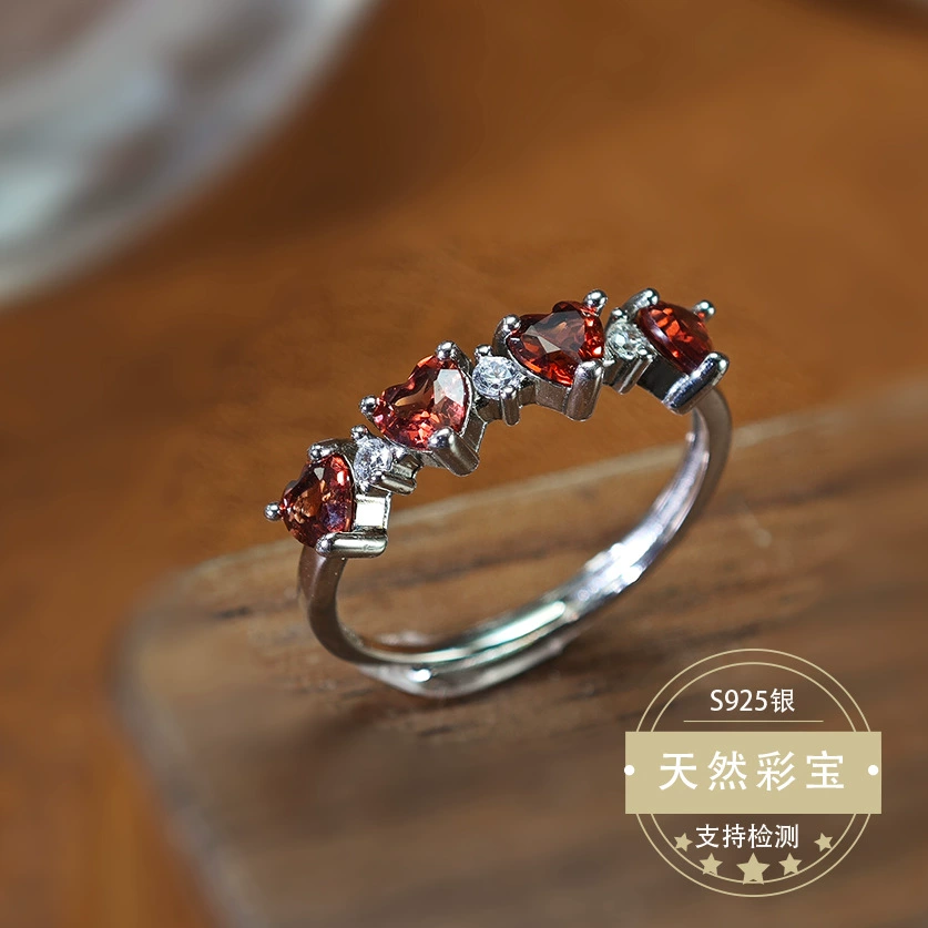 Кольцо из серебра S925 с инкрустацией из натурального граната в форме сердца, регулируемый дизайн, легкий роскошный корейский и японский стиль