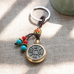 黃銅旋轉小掛件時來運轉情侶鑰匙扣純銅轉轉招財汽車鑰匙鏈掛飾