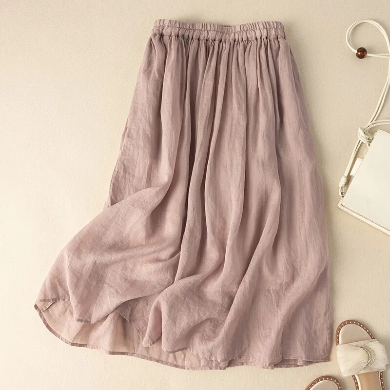 Women's Summer Hanfu Mid-Length Fairy Skirt, Artistic Retro Cotton Hip-Covering Flowing Solid Color Half Skirt