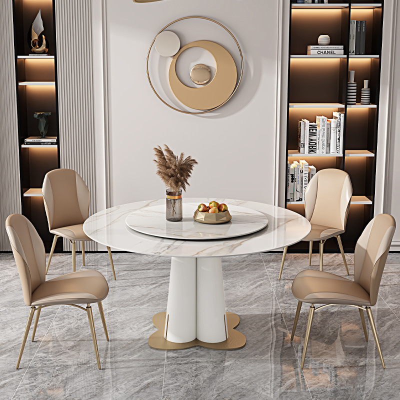 岩板餐桌圆家用1.5米10人餐桌圆桌亮面带转盘现代简约轻奢圆餐桌