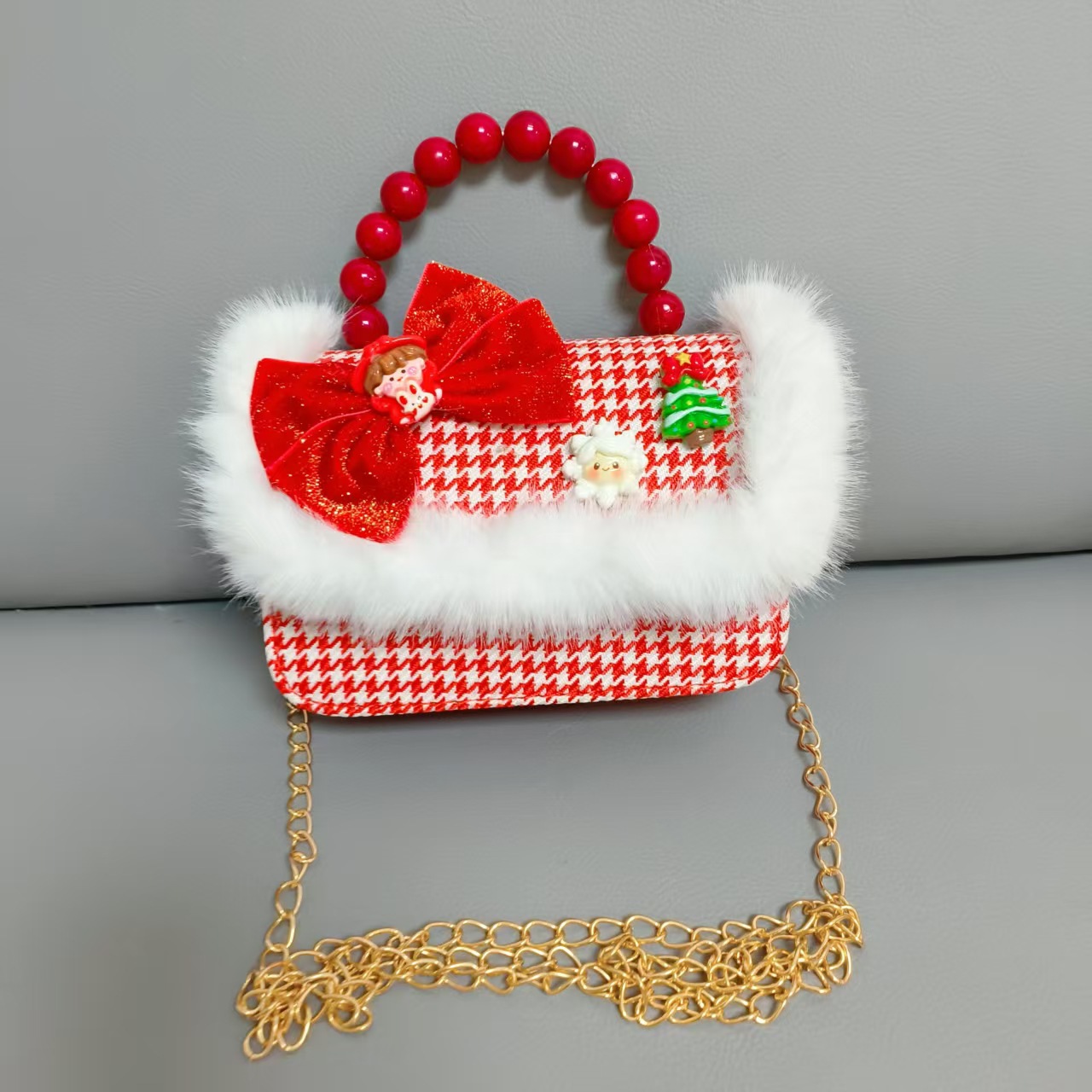 Cartera de Año Nuevo rojo arco de papá Noel bolso de perla pequeña cadena de viento fragante bolso de hombro