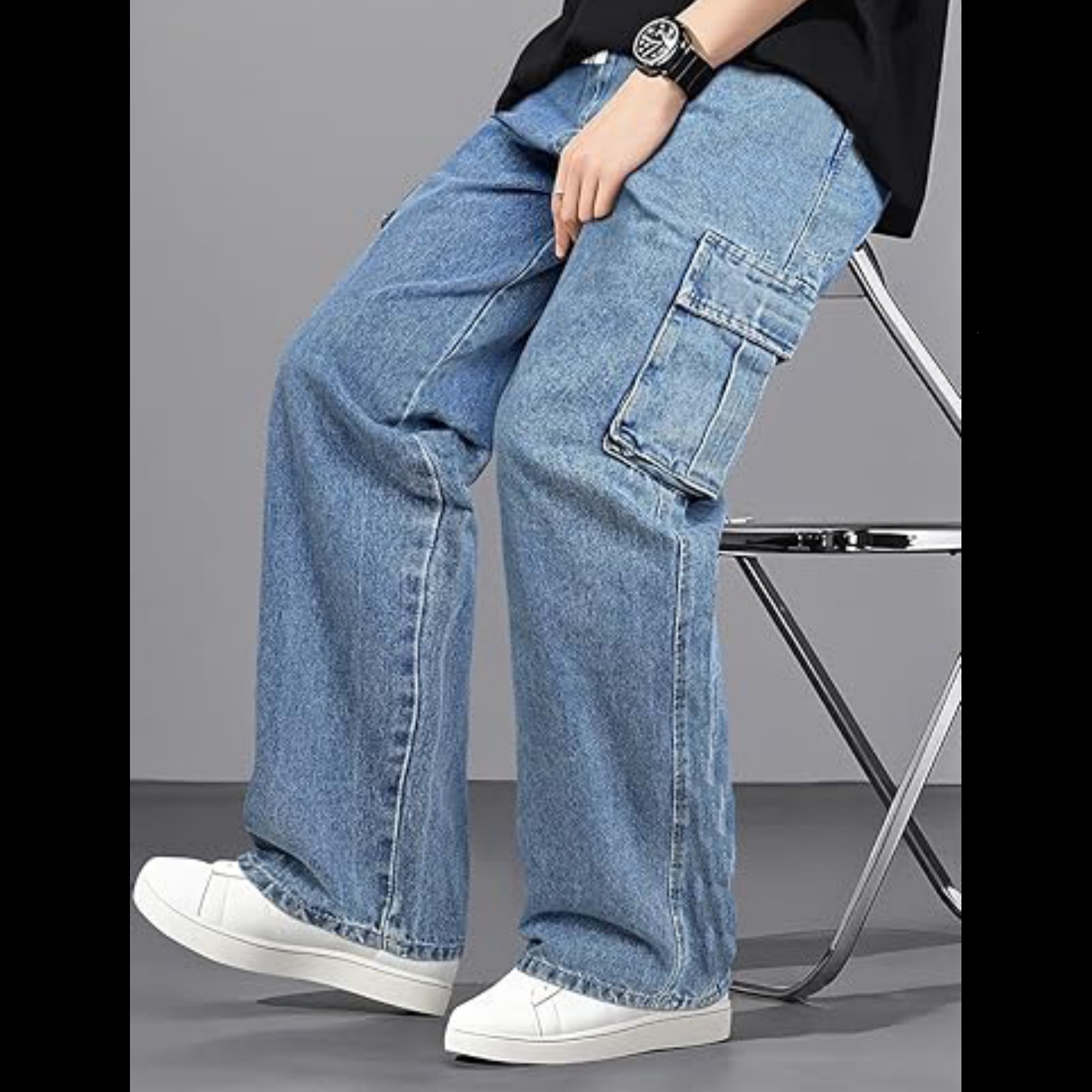 High Street Style Men's Cargo Jeans Multi Pocket Loose Fit Wide Leg Floor Length Drawstring Pants_mkmklike.com
