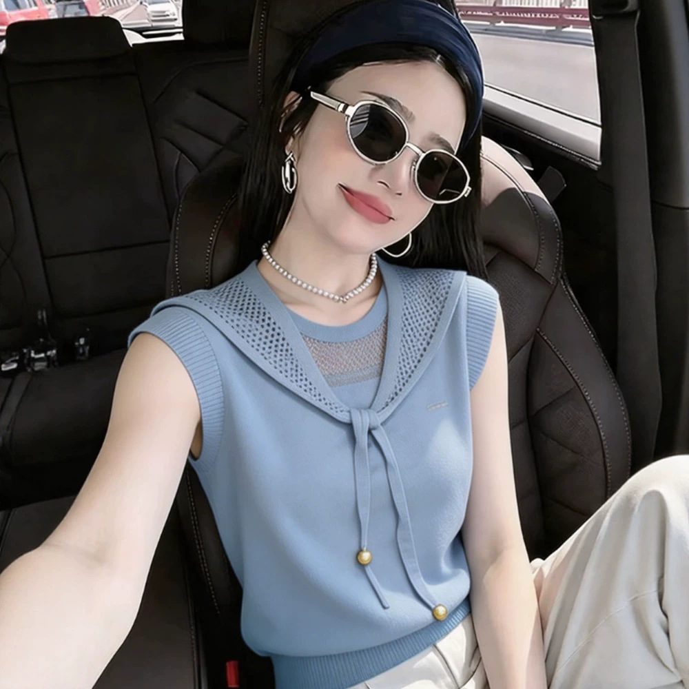 Áo hai dây dệt kim phong cách thiếu nữ ngọt ngào, họa tiết rỗng, tay dây mảnh — Màu xanh da trời chi tiết 4