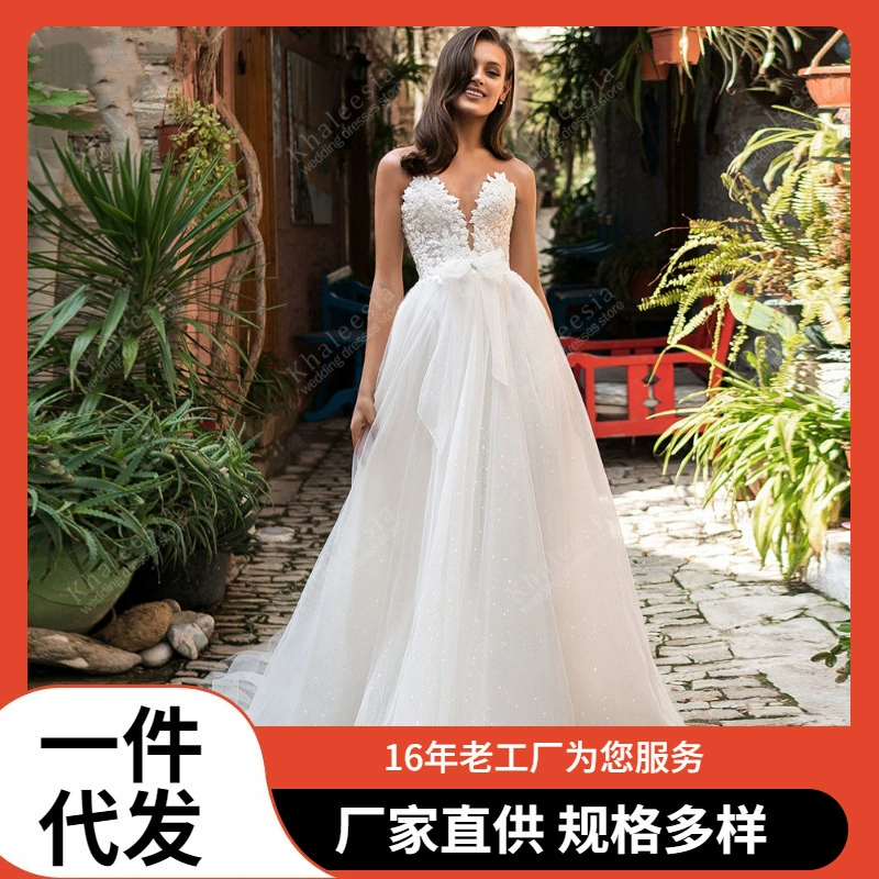 2025 внешнеторговое трансграничное кружевное аппликация простое сетчатое длинное топ-платье свадебное женская одежда