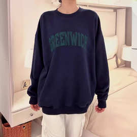 BM风美式圆领藏蓝Greenwich刺绣加绒套头卫衣女 bm宽松外套上衣潮