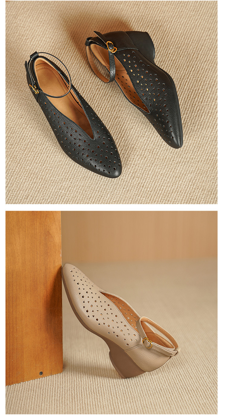 Sandal nữ mũi nhọn quai ngang gót trung bình phong cách retro thoáng khí — đen, mơ chi tiết 10
