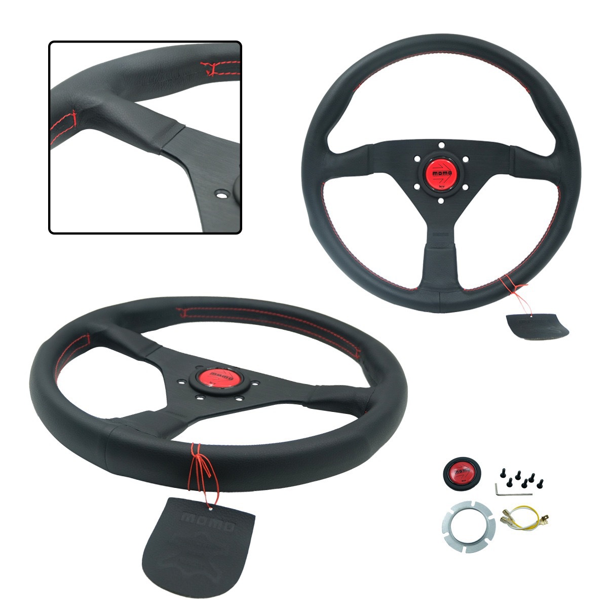 14inch Modified genuine leather car steering wheel V1 flat double-line 5mm thickened bracket drift racing steering wheel