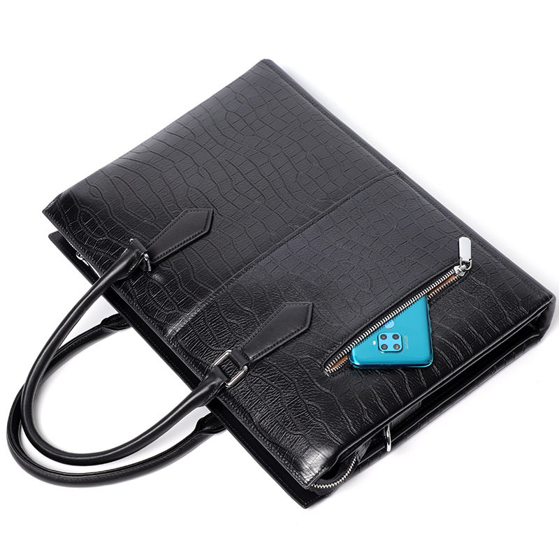 Túi xách nam da bò thật cao cấp dạng túi xách công sở đựng laptop 14 inch, chống nước — Màu đen