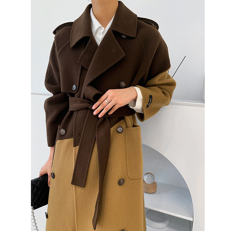 Women's Contrast Stitching Mid-length Woolen Coat Jacket Image 3