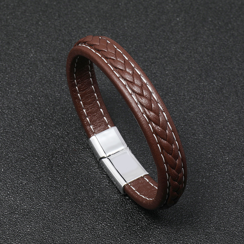 Neues Braunes Lässiges Einfaches Geflochtenes Lederarmband display picture 3