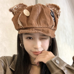 クマ探偵の捨て人形クマの帽子、女性用、柔らかくて可愛い、アメリカンレトロ、キュートなデニムベレー帽、トレンディ