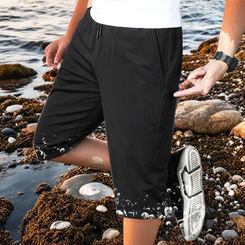 2026 In-Stock Summer Men's Ice Silk Sports Shorts with Drawstring, Black Three-Quarter Pants, Loose Fit, Men's Sports Shorts