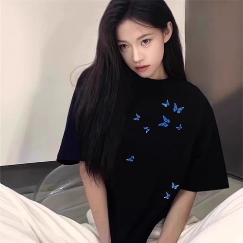 2025 Summer New Japanese Style Butterfly Print Women's Short-Sleeve T-Shirt Bestselling Casual Round Neck Loose Long-Sleeve Ins