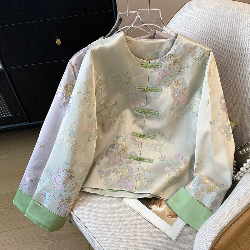 Autumn retro cardigan, jacket, Chinese style, with embroidery, round collar