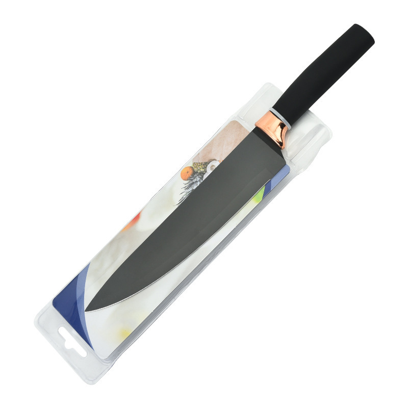 Cuchillos de acero inoxidable de cocina de punto de comercio exterior juego completo de cuchillos de cabezal de galvanoplastia de oro rosa, mango recto de hoja negra, succión de doble cara