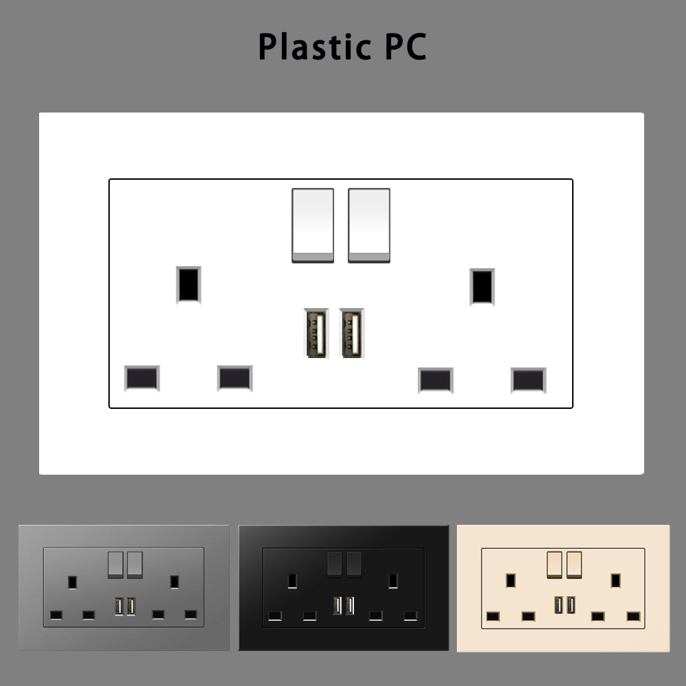 白色PC港澳英标146双联13A英式插蘇USB充电插座方脚三孔插座面板