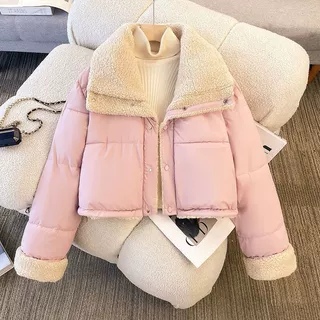 短款外套女韩版翻领仿羊羔毛棉服宽松双面穿长袖面包服外搭棉衣冬
