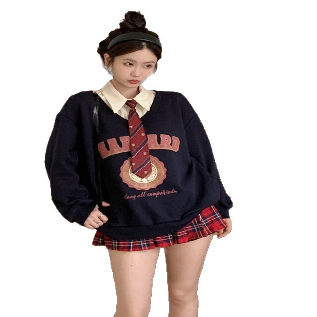 美式复古藏蓝色假两件v领无帽套头卫衣女秋冬季学院风设计感上衣|undefined