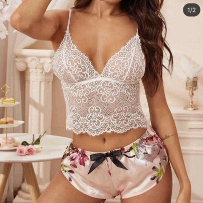 Foreign Trade Women's Sexy European and American Large Size Sling Nightdress Home Sexy Pajamas European and American Lace Transparent Two-piece Set 80