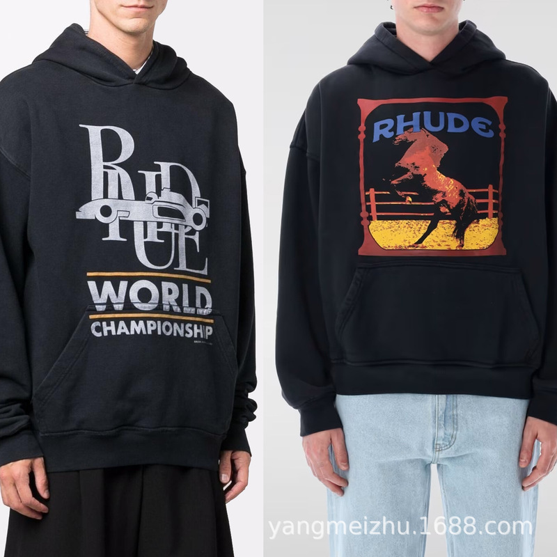 Cross-Border Autumn and Winter New American Street Rhude Letter Basic Printed Loose Cotton Hooded Sweatshirt for Men and Women