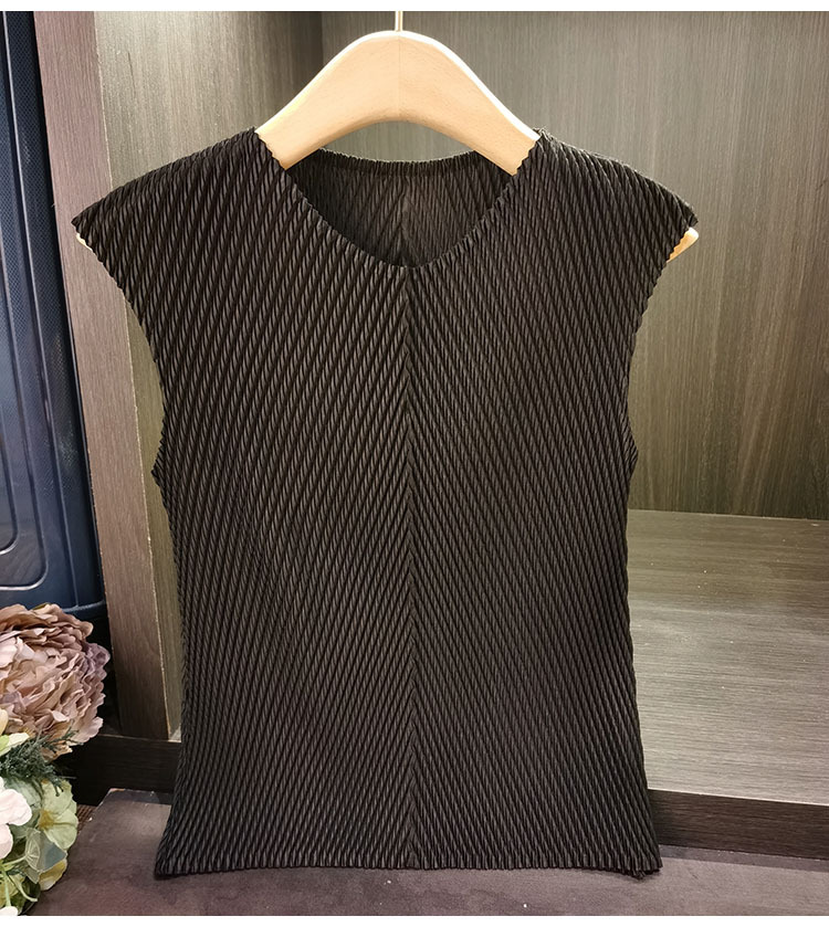 Áo thun ngắn tay cổ chữ V xếp ly vảy rồng đơn giản, thanh lịch đa năng, thiết kế tôn dáng cho nữ mùa hè — Màu đen, Màu xanh lục nhạt, Màu hồng, Màu trắng chi tiết 16