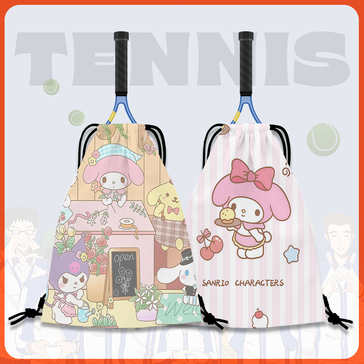 New Trendy Cartoon Tennis Racket Storage Bag with Cute Print and Large Capacity, Specialized Backpack for Tennis Rackets
