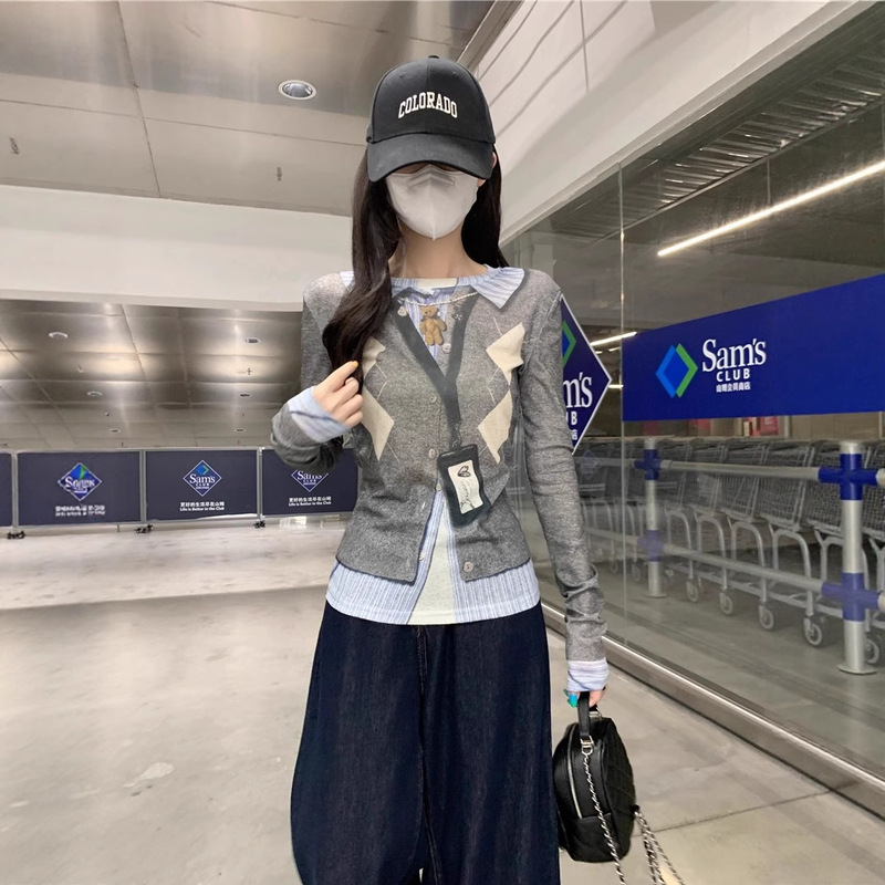 适美2025秋季设计感假两件圆领长袖T恤女装别致减龄显瘦印花上衣|undefined