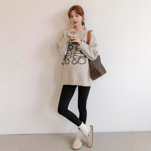 Autumn and Winter Maternity Fashion Korean Style Pregnant Women Pattern Sweater Knitted Sweater Base Sweater Loose Casual Interior