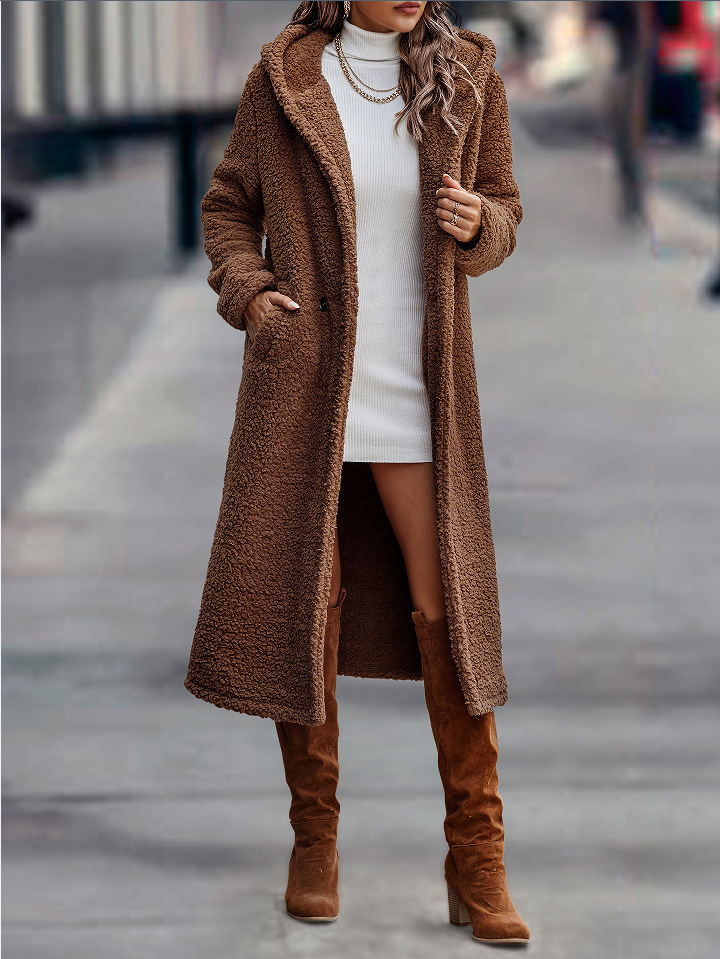 Women's Plush Hooded Windbreaker Coat Long Overcoat For Women_voghion.com