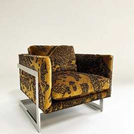意大利极简风单人沙发椅中古小户型设计师老虎椅美式提花布艺椅子